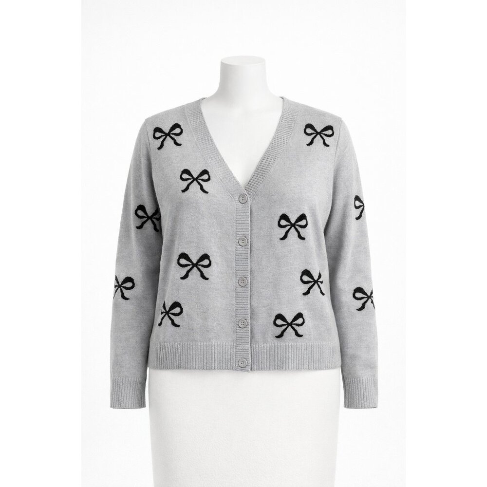 Nikka K Women’s‎ 3X Gray Bow Print Button Front Knit Cardigan Sweater